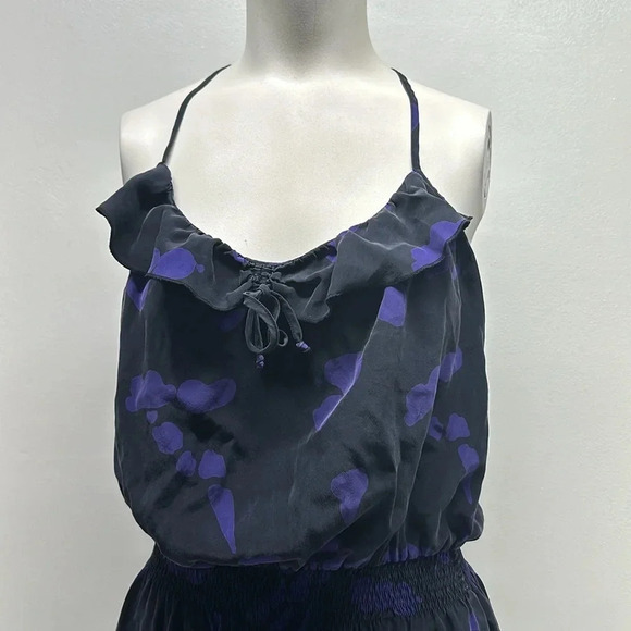 Parker Mini Dress Pure Silk Ruffle Racerback Polka Dot Black Purple Size Medium - Picture 5 of 10